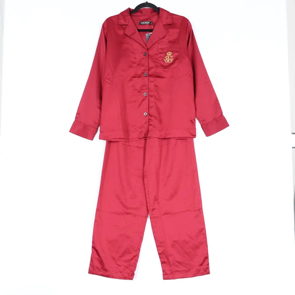Lauren Ralph Lauren Pajama Set Women PS Red Satin Crest Holiday Festive $84 NWT